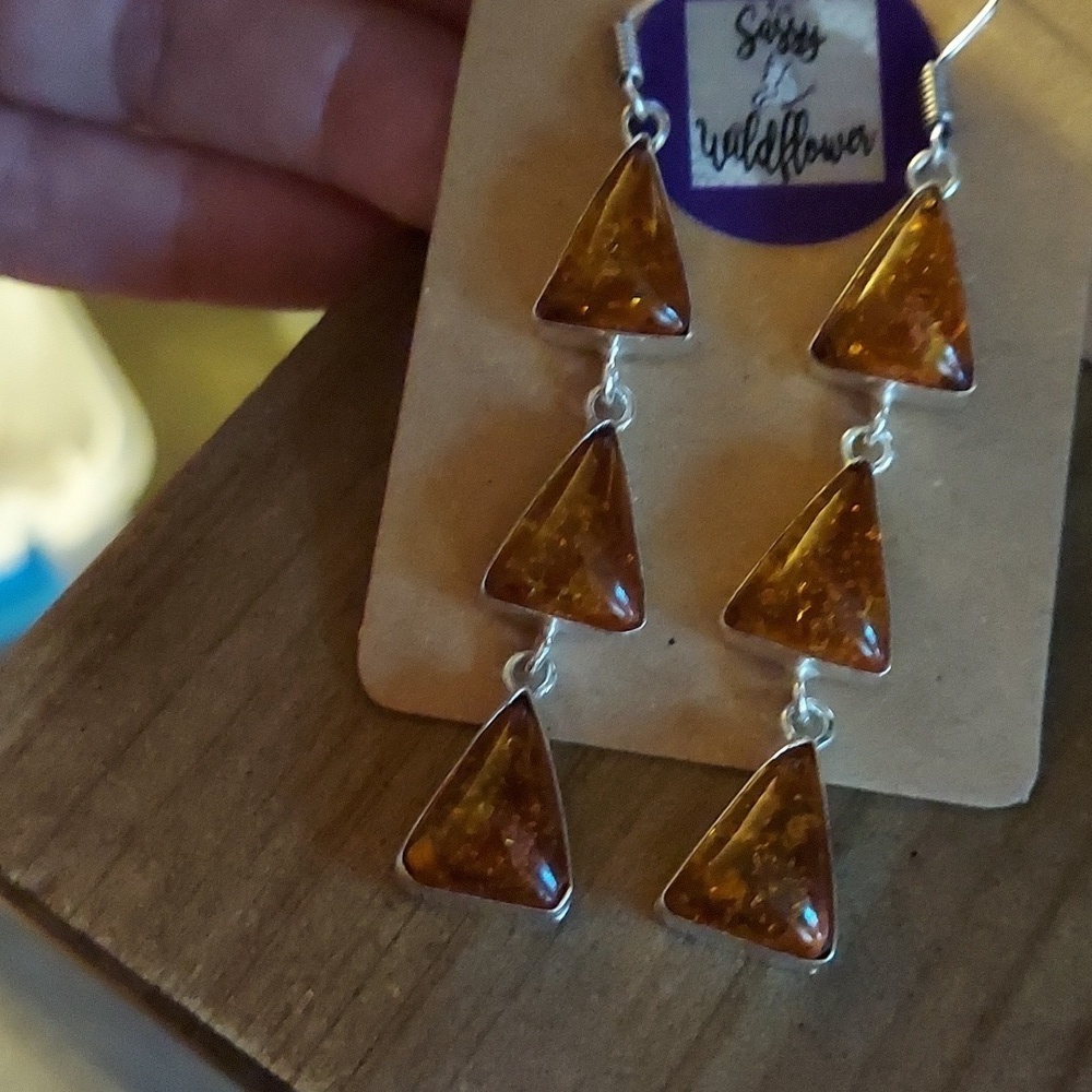 BALTIC Amber Triangular Drop Sterling Silver Earrings